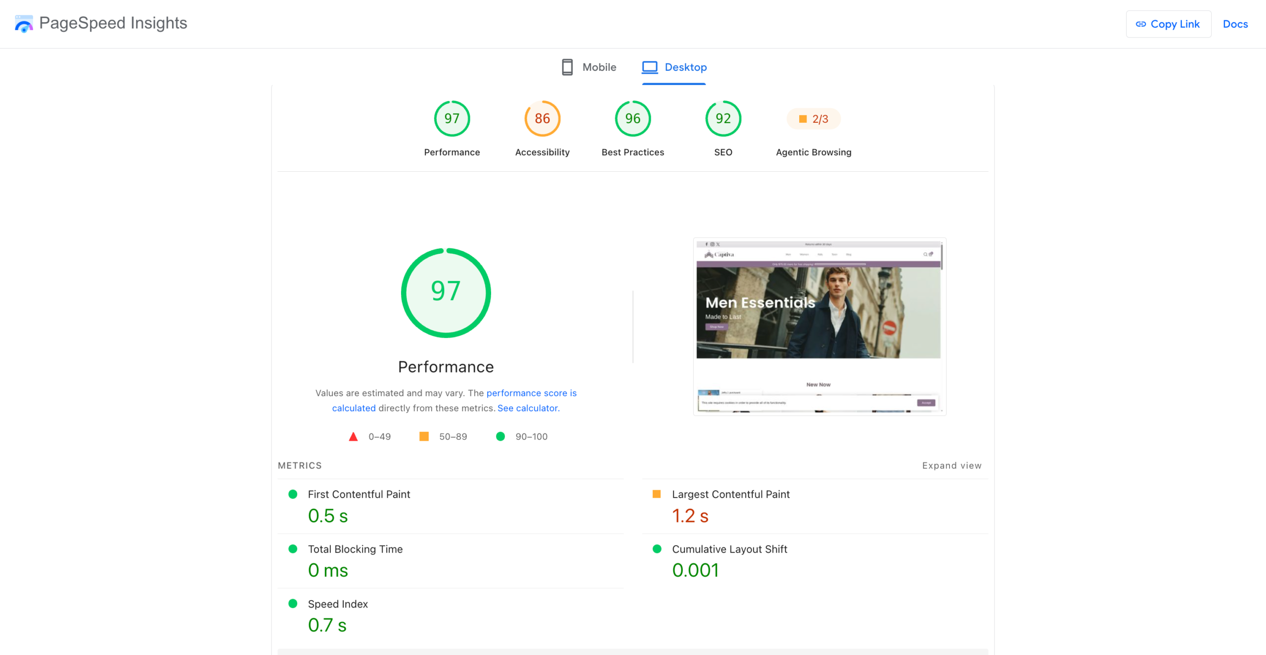 Booster Theme Google PageSpeed Insights performance metrics for desktop and mobile