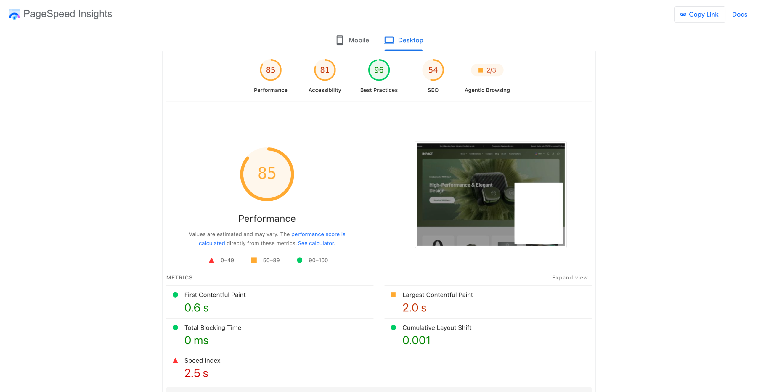 Mobile and desktop speed test scores for the Impact Shopify theme