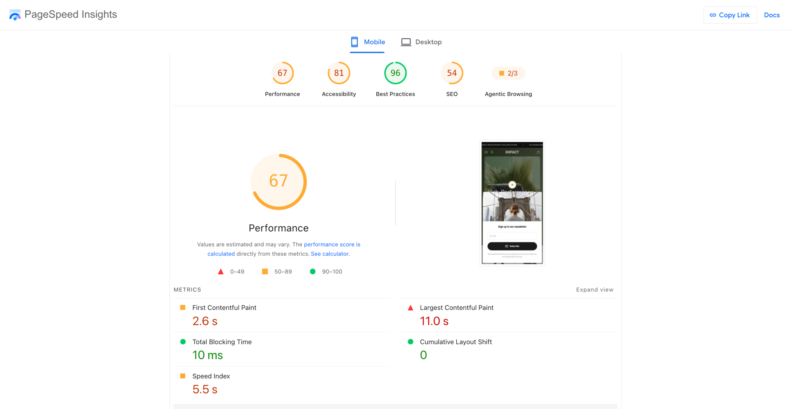 Mobile and desktop speed test scores for the Impact Shopify theme
