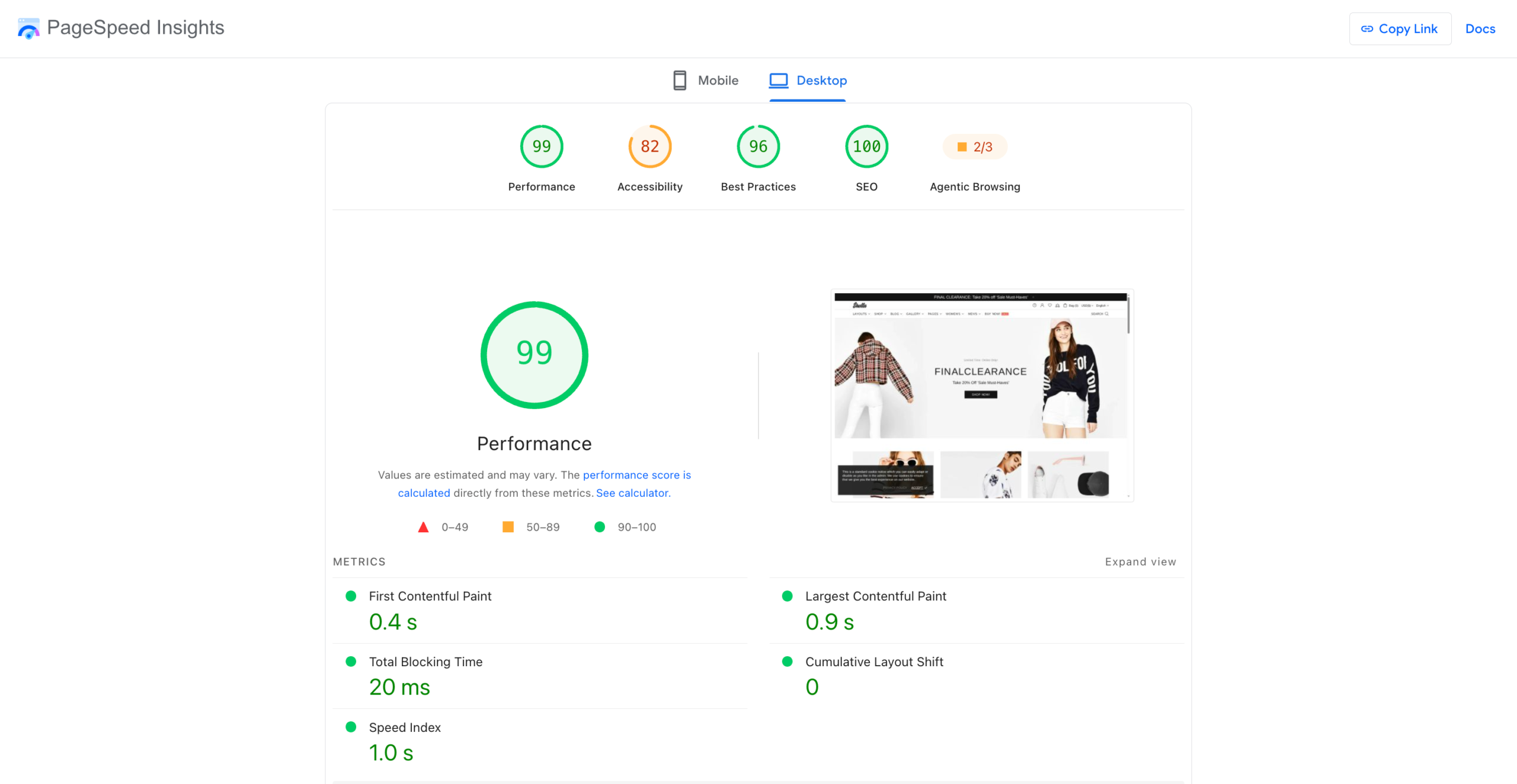 Google PageSpeed Insights desktop and mobile performance test results for Shella theme
