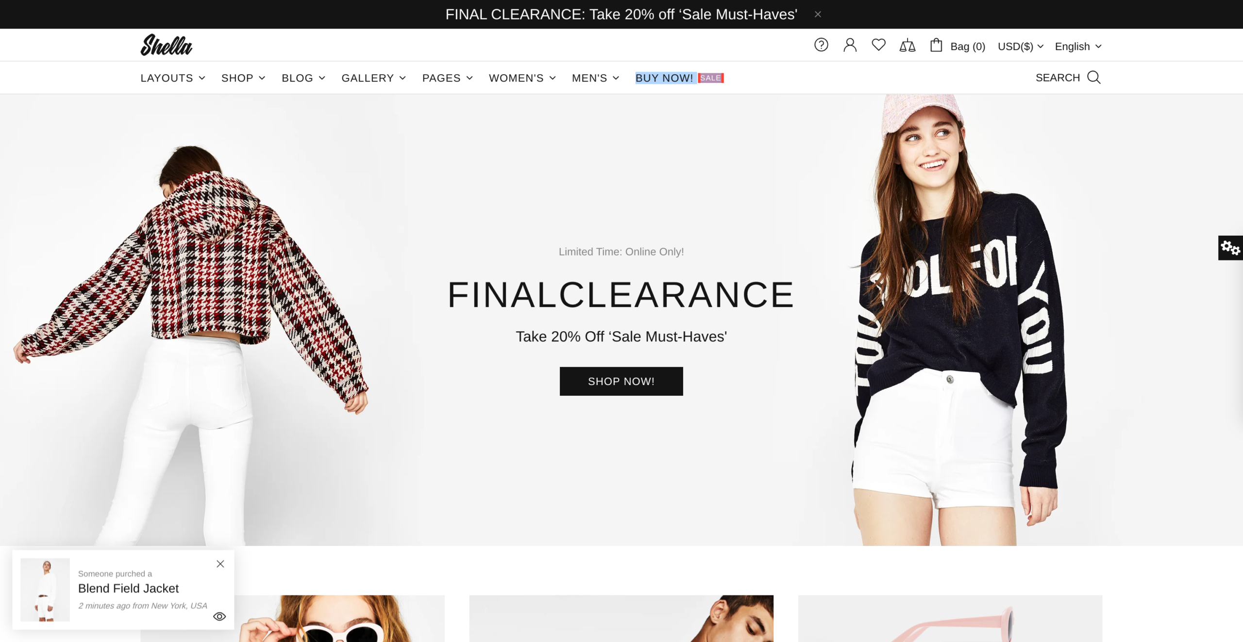 Shella Shopify Theme demo showing a modern fashion boutique layout