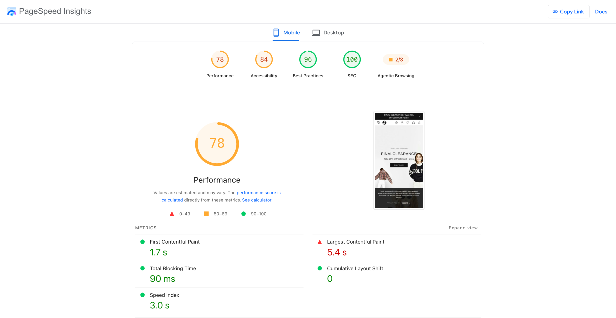 Google PageSpeed Insights desktop and mobile performance test results for Shella theme