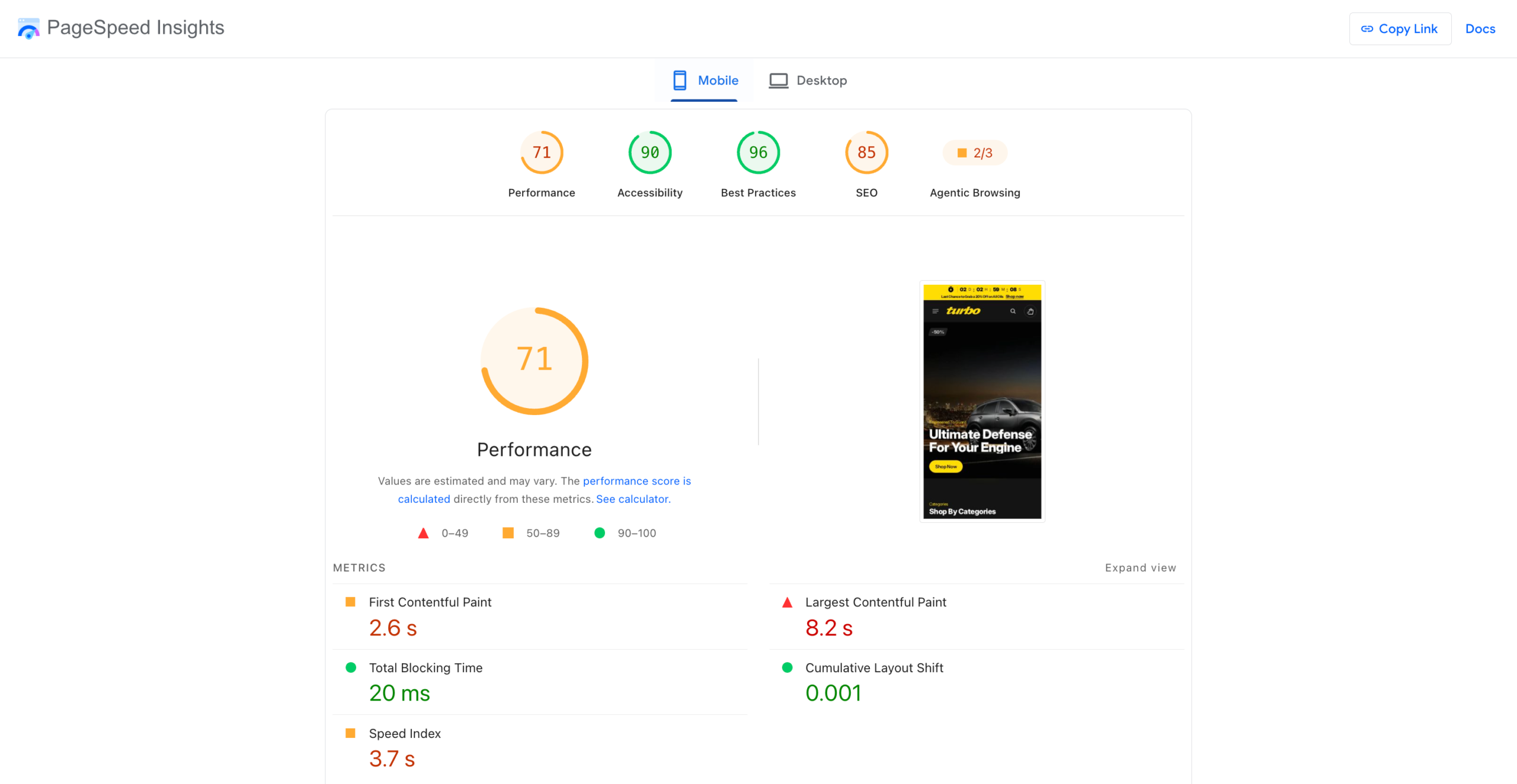 Google PageSpeed Insights desktop and mobile scores for Turbo Shopify theme