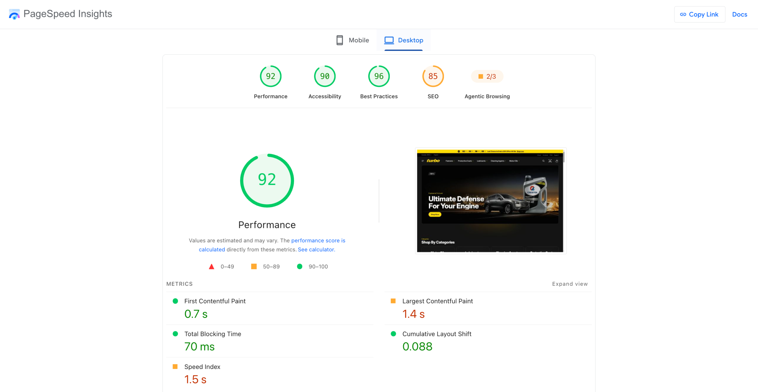 Google PageSpeed Insights desktop and mobile scores for Turbo Shopify theme